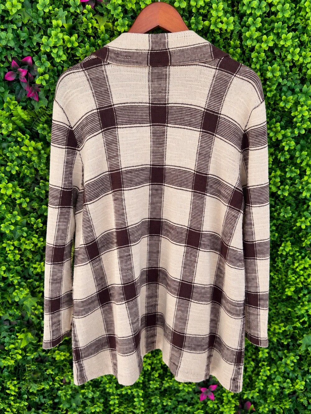Lauren Ralph Lauren 100% Cotton Plaid Open Front Cardigan Coat 3X Brown Cream - Picture 6 of 7